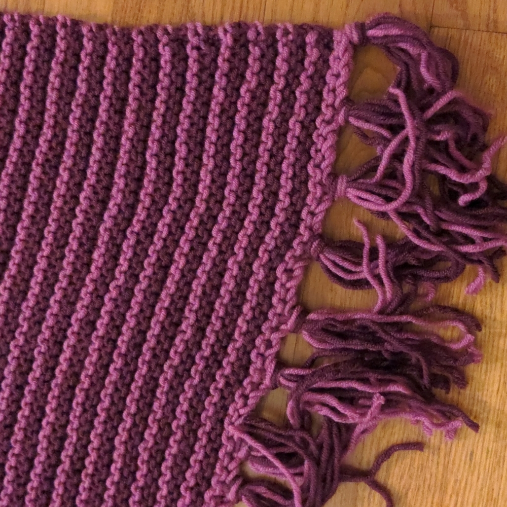 Hand Knit Plum and Fuschia Wool Acrylic Blend Blanket Scarf With FRINGE - Picture 5 of 8